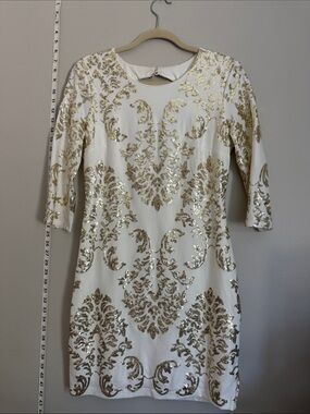 B Darlin White Mini Dress with Gold Sequin Damask